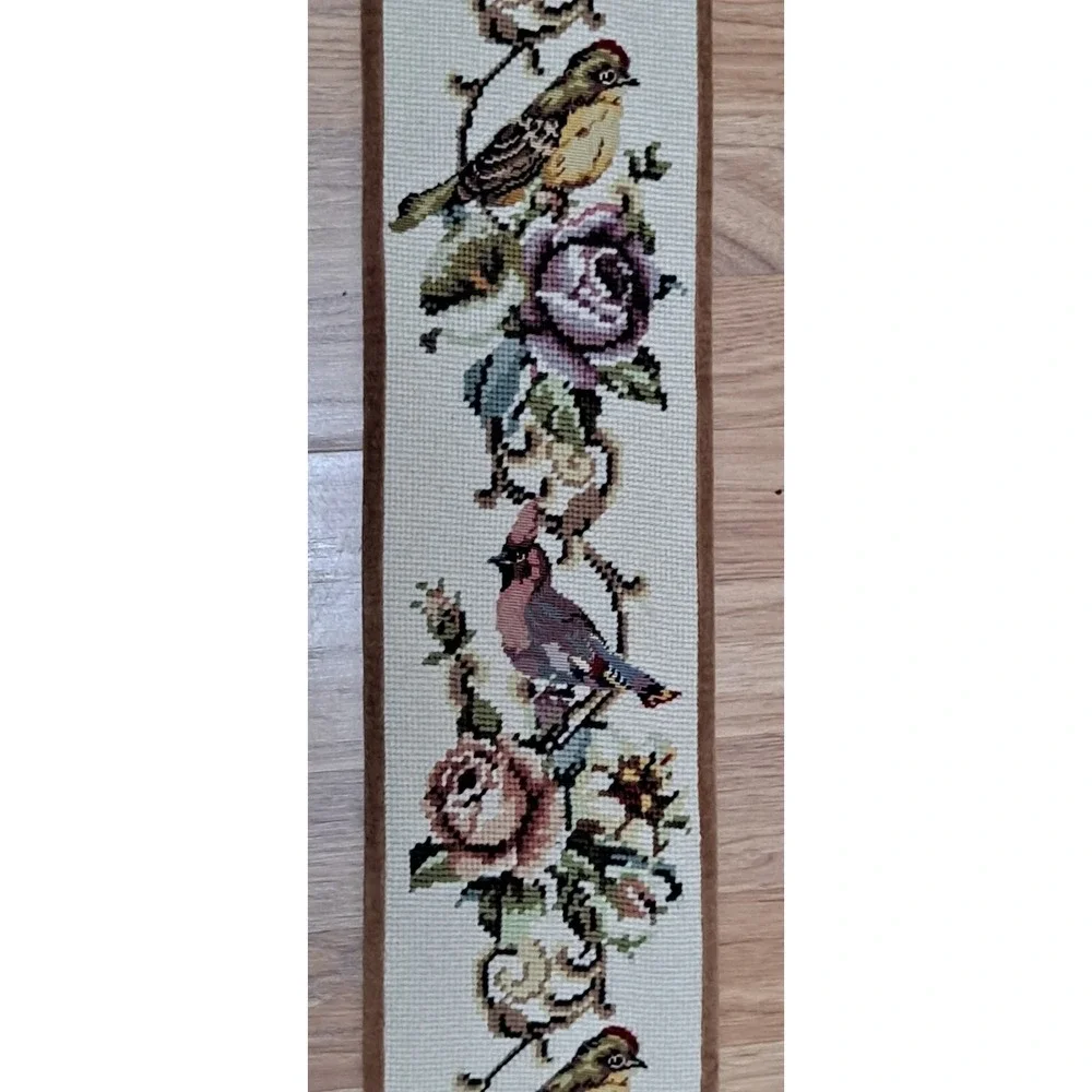 VTG Large Needlepoint Audubon Birds/Floral Tapestry Bell Pull Brass Hanger